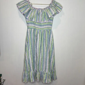 Gul Hurgel Pastel Multicolored‎ Striped Linen Midi Dress XS